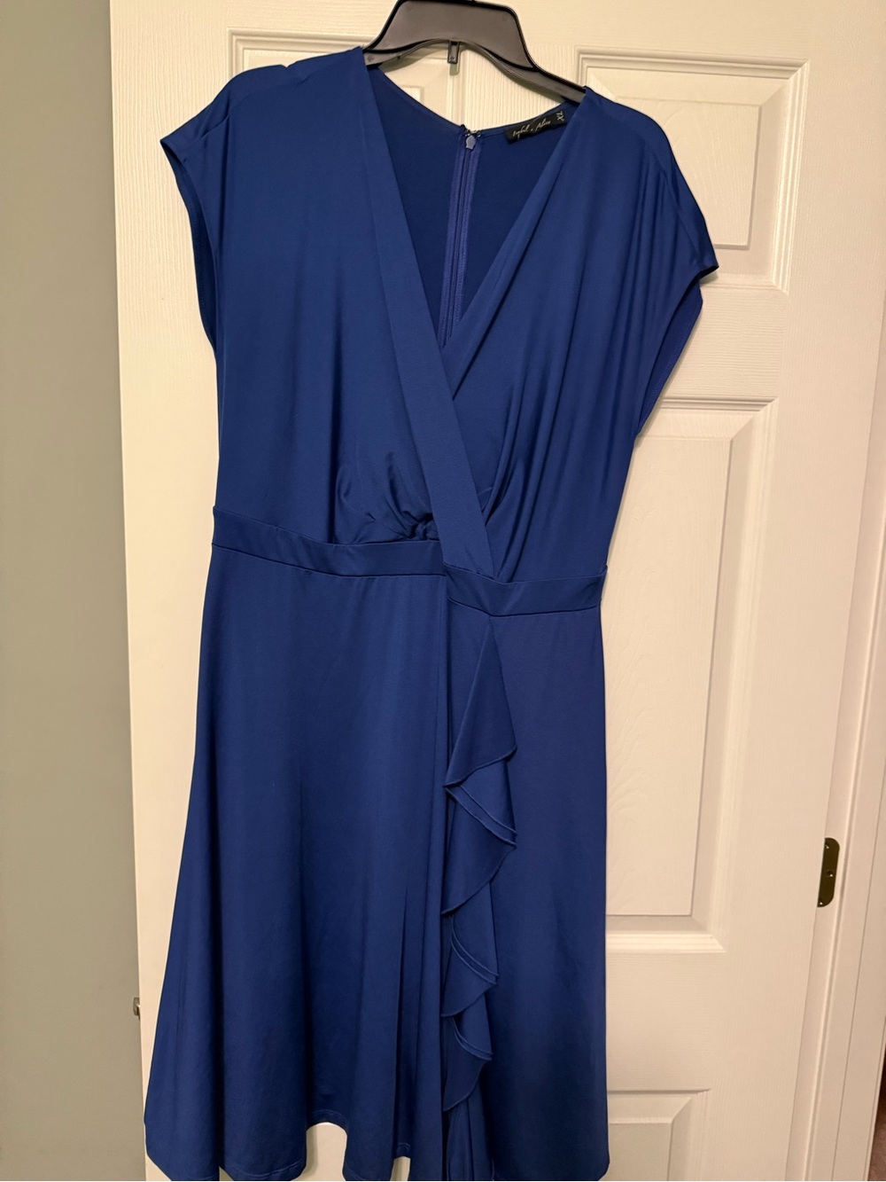 Elegant Royal Blue Faux-Wrap Midi Dress with Ruffle Trim